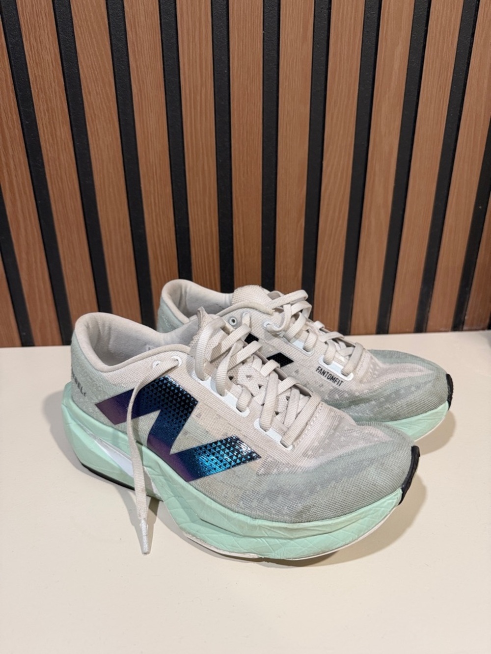 New Balance FuelCellLight Gray & Mint Running Sneakers with Iridescent Blue Logo